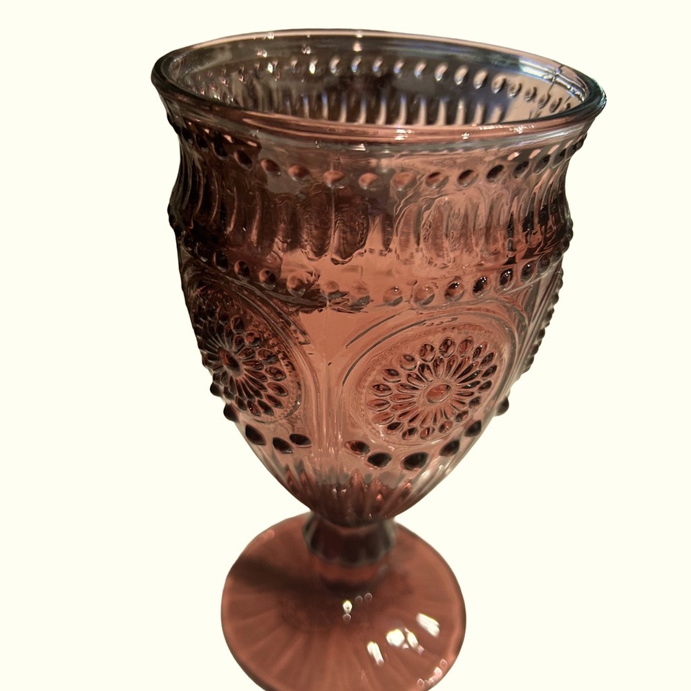 Elegant plum purple Pioneer Woman pressed glass footed goblet.